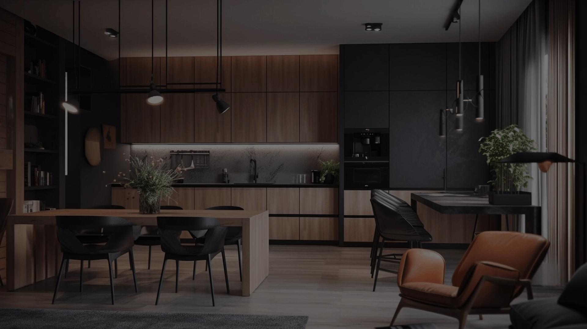Moody kitchen, dark tones, elegant lighting.