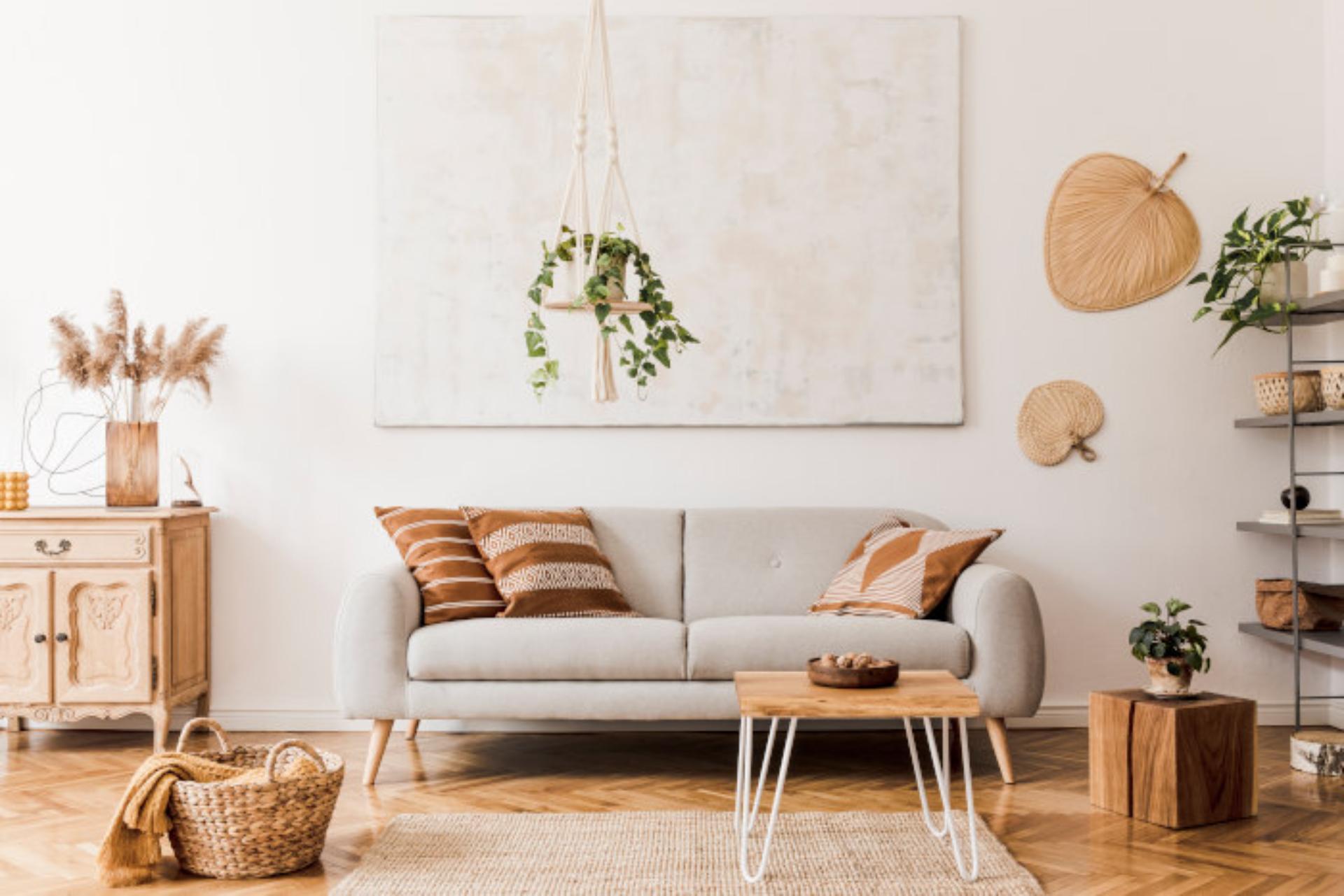 Boho living room, neutral tones, cozy ambiance.