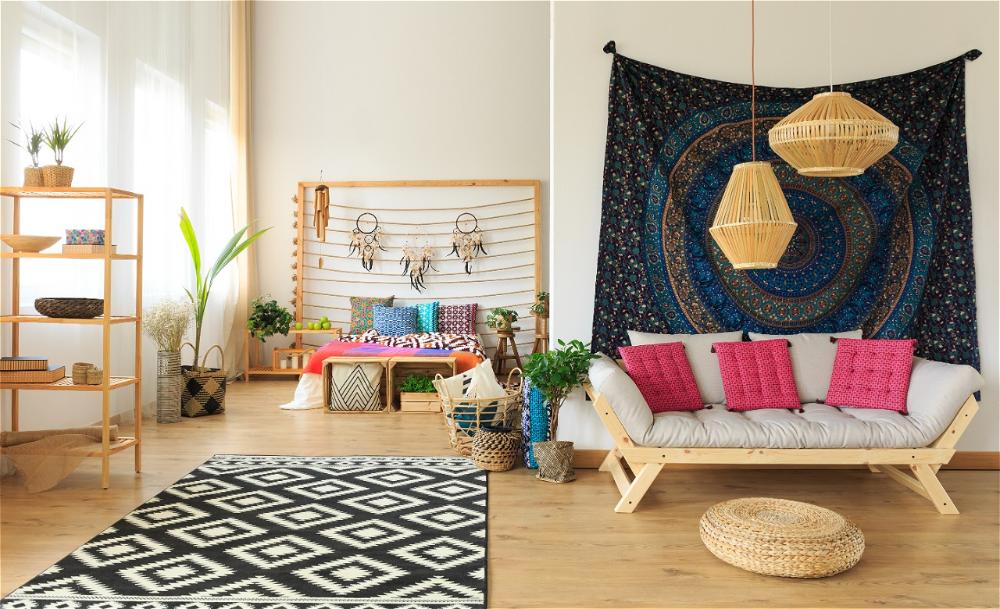 Bohemian decor, dreamcatchers, wooden furniture, cozy atmosphere.